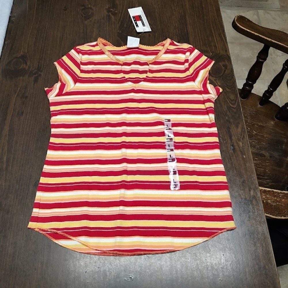 New Tommy Hilfiger Red Multi-Colored Striped Short Sleeve Top Size Girl's Ll 12